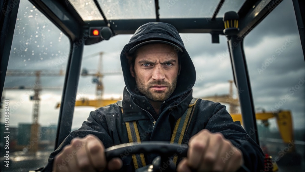 A closeup of the cranes operator tense and focused eyes squinting against the whipping winds as he maneuvers the controls with precision amidst the unpredictable weather. A closeup of the cranes operator tense and focused eyes squinting against the whipping winds as he maneuvers the controls with precision amidst the unpredictable weather.