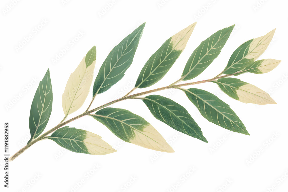 Green and cream variegated leaves branch, isolated on white background, ideal for design or botanical illustration Green and cream variegated leaves branch, isolated on white background, ideal for design or botanical illustration