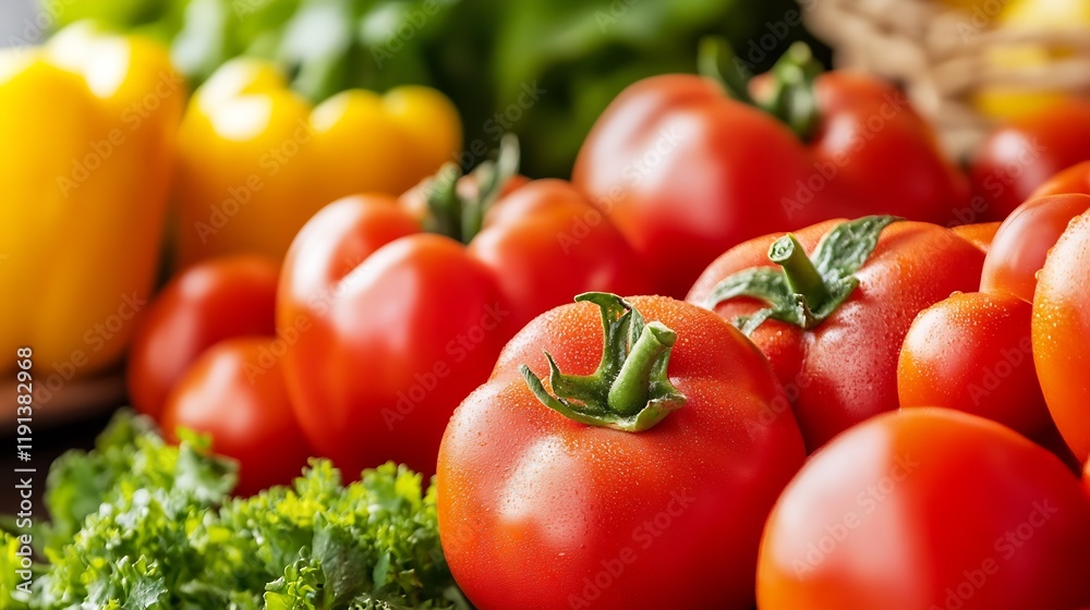 Red Tomatoes and Yellow Peppers in Abundant Harvest Display : Generative AI