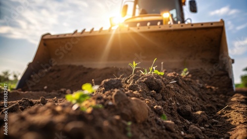 A closeup of the dirt clods being pushed in front of the bulldozer with the sun illuminating the earth textures showing quick glimpses of life like small plants and insects