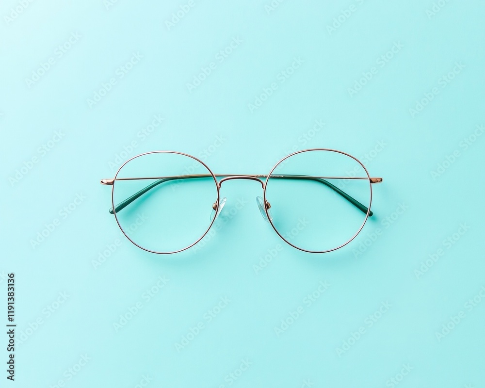 Minimalistic Eyeglasses on Blue Surface for World Glaucoma Day, National Eye Exam Month, White Cane Safety Day Minimalistic Eyeglasses on Blue Surface for World Glaucoma Day, National Eye Exam Month, White Cane Safety Day