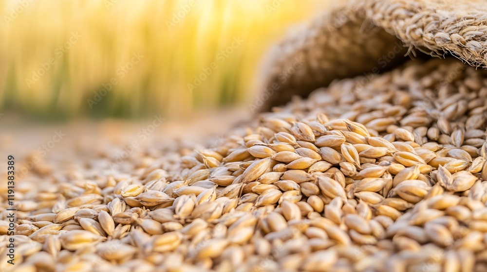 Obraz premium Close-Up of Golden Barley Grains in Burlap Sacks Depicting Farm Harvest and Agricultural Abundance : Generative AI