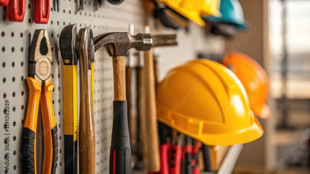 A closeup of tools hanging on a pegboard including hammers wrenches and safety gear representing the trade skills that provide local employment and contribute to construction A closeup of tools hanging on a pegboard including hammers wrenches and safety gear representing the trade skills that provide local employment and contribute to construction
