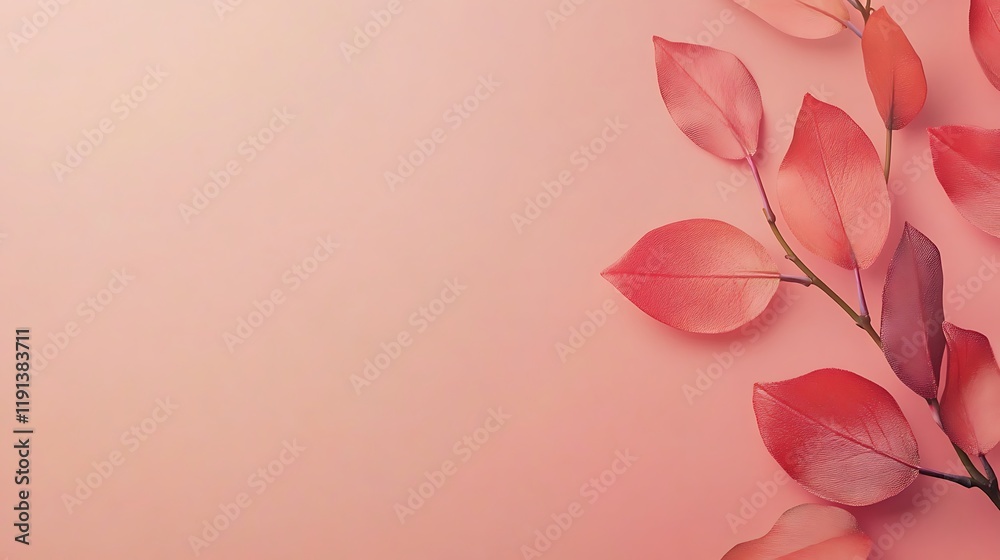 Coral Leaves Branch on Pink Background