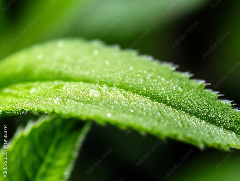 Close-up of Dew Drops on Lush Green Leaf in Natural Light for Organic Botanical Themes : Generative AI