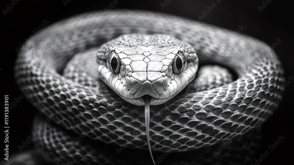 Fototapeta premium Coiled snake showing forked tongue in black and white