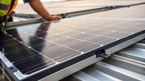 A closeup perspective of the solar panels edge revealing the glossy finish and mounting system with a workers hand adjusting the panel for optimal positioning.