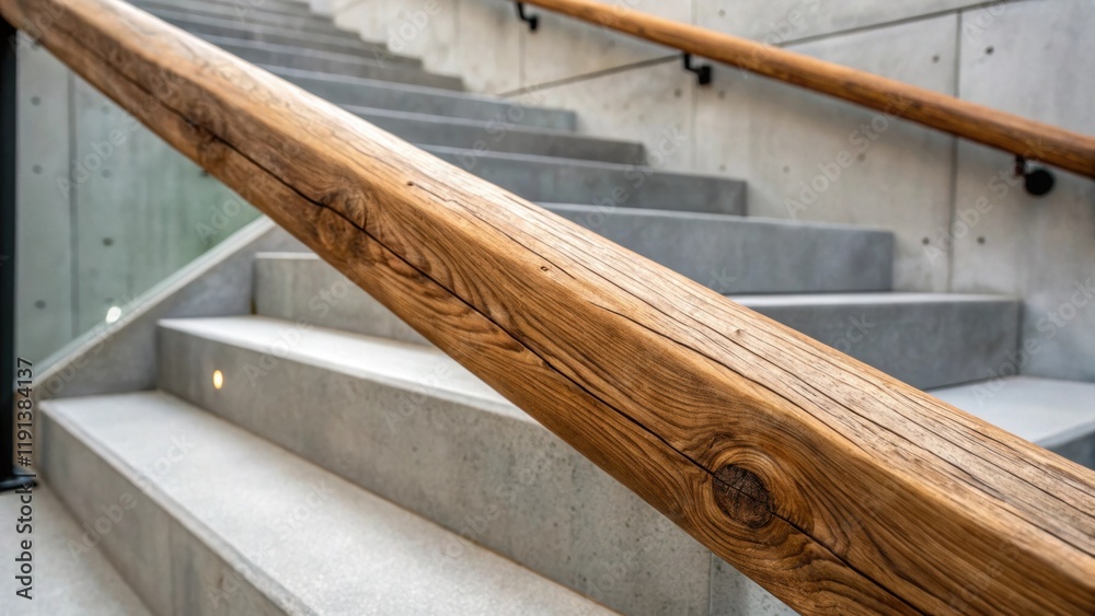 Obraz premium A closeup shot highlighting the textures of a roughhewn wooden railing juxtaposed against smooth polished concrete steps reflecting the blend of organic and industrial elements in