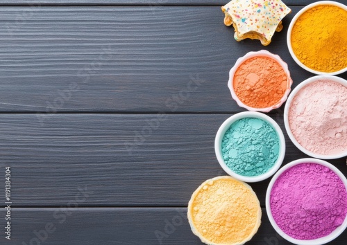 Colorful Holi Powders Bright Gulal Powders and Festive Snacks Celebrating Holi and Diwali photo