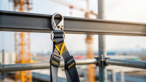 A closeup shot of a safety harness clipped onto a steel girder emphasizing the importance of safety gear in highrise construction with the blurred forms of cranes and workers photo