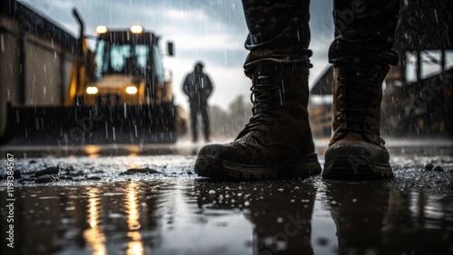 A closeup shot of muddy boots pressing into the ground as a worker walks past covered machinery their silhouette stark against the downpour. photo