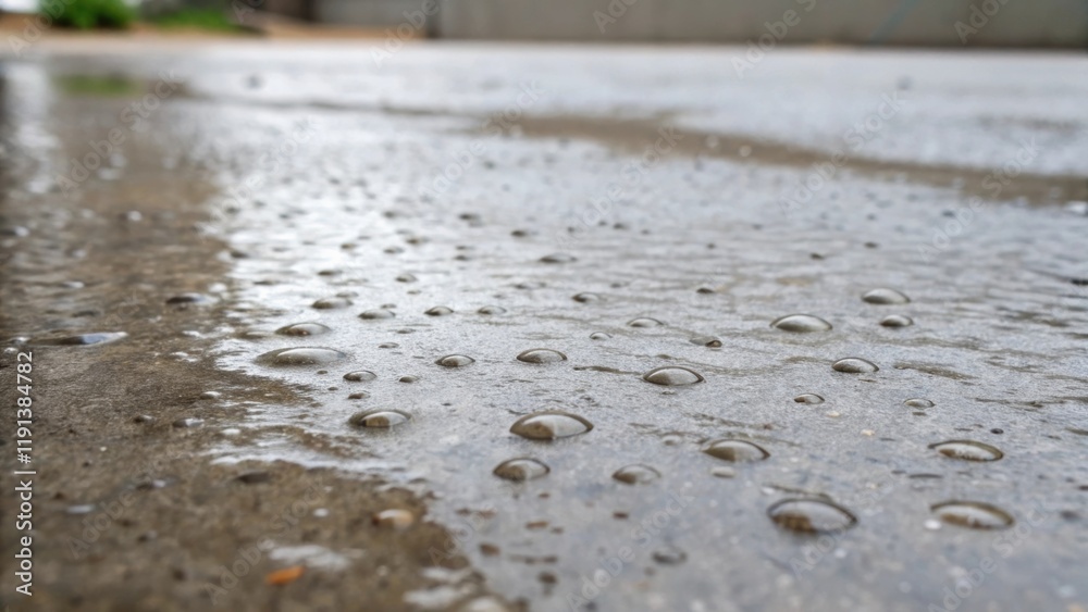 A closeup shot of water pooling on the surface of wet concrete with the texture of the concrete visible beneath the droplets emphasizing the moisture retention needed for strength A closeup shot of water pooling on the surface of wet concrete with the texture of the concrete visible beneath the droplets emphasizing the moisture retention needed for strength