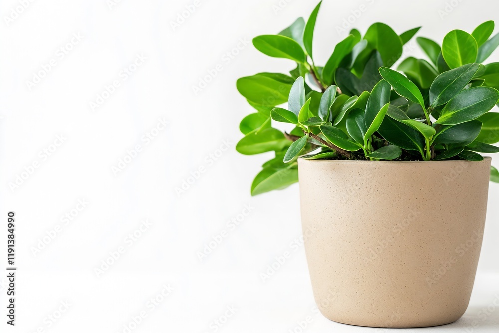 Vibrant Indoor Greenery in a Minimalist Beige Pot Against a White Backdrop : Generative AI Vibrant Indoor Greenery in a Minimalist Beige Pot Against a White Backdrop : Generative AI
