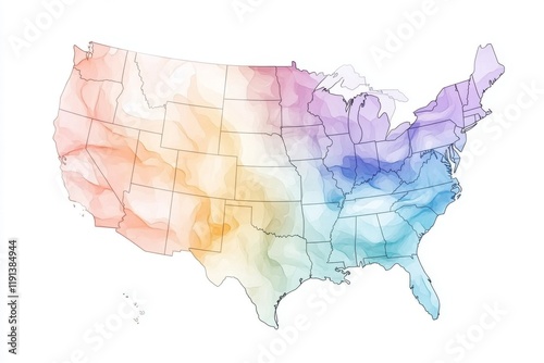 Artistic representation of the United States featuring soft color gradients over territories, showing regions from the West Coast to the East Coast in an imaginative style