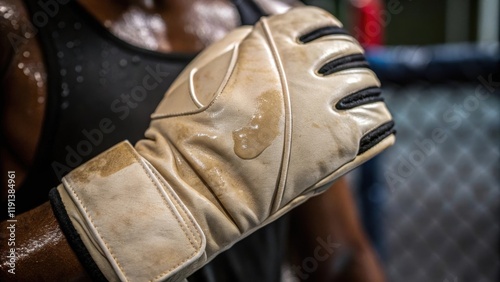 A closeup view focusing on the sweat stains ped within the folds of the glove illustrating the physical exertion and dedication of the wearer. photo