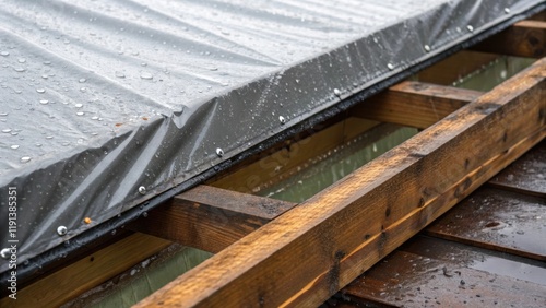 A closeup view of rainsoaked building materials such as wood beams and metal sheets partially covered by a tarp highlighting the contrast between protection and exposure. photo