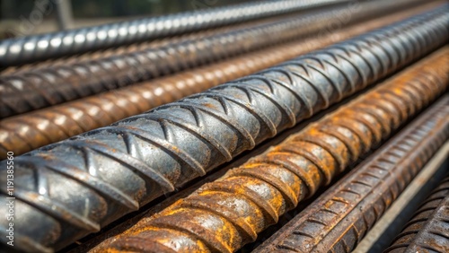 A contrasting closeup where shiny unrusted rebar meets its oxidized counterpart demonstrating the harsh transition from new construction to the ravages of time and neglect.