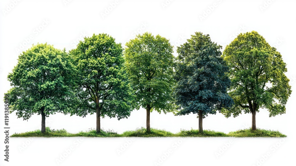 Five Lush Green Trees in a Row Against White Background Five Lush Green Trees in a Row Against White Background