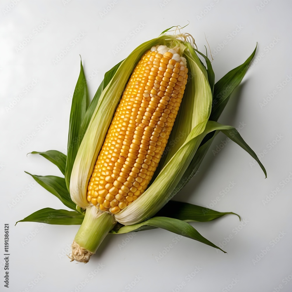 Freshly Harvested Corn on the Cob Isolated on a Bright White Background Perfect for Culinary Use and Recipes Freshly Harvested Corn on the Cob Isolated on a Bright White Background Perfect for Culinary Use and Recipes