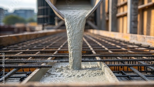 A focused shot of concrete being poured from a chute into a reinforced structure the viscous material cascading down with precision transforming the area into a solid foundation.