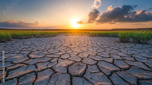 sunset over cracked earth landscape with drought and soil erosion showcasing climate change impact and environmental degradation at the edge of desertification