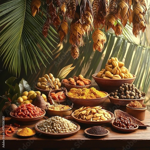 A beautifully arranged table with various food items, including dried fruits and spices, in the background is an illustration of palm leaves hanging from above.  photo