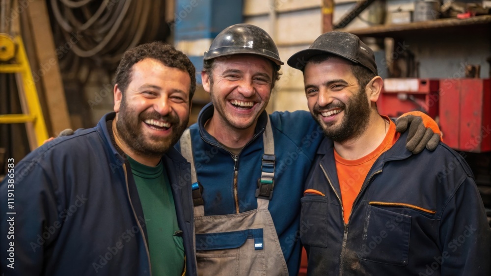 A medium closeup capturing a group of workers huddled together sharing a moment of laughter amidst the toil portraying camaraderie and the human element behind the machinery and A medium closeup capturing a group of workers huddled together sharing a moment of laughter amidst the toil portraying camaraderie and the human element behind the machinery and