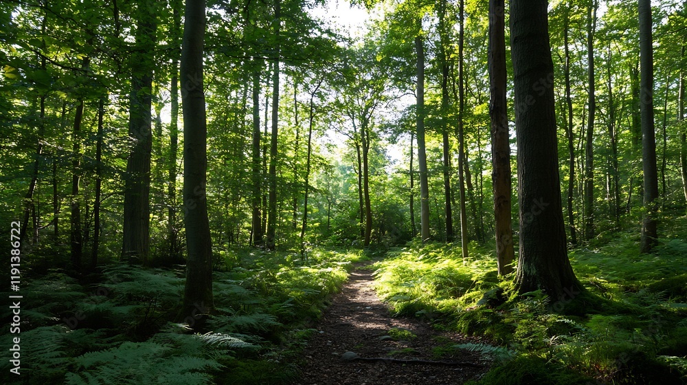 Enchanting Sunlit Forest Pathway with Lush Greenery Illuminating the Woodland : Generative AI Enchanting Sunlit Forest Pathway with Lush Greenery Illuminating the Woodland : Generative AI