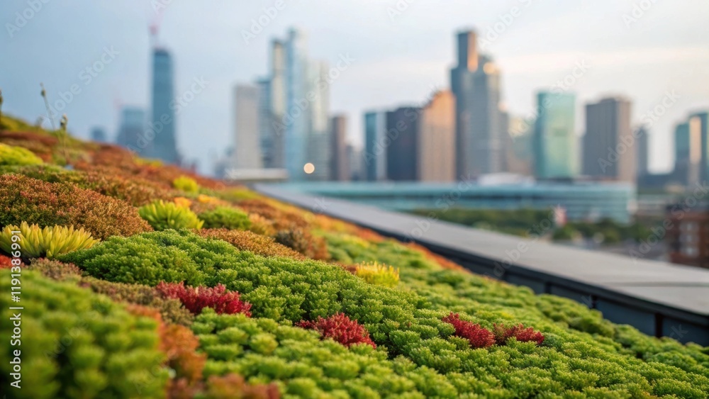 Fototapeta premium A medium closeup featuring multicolored sedums thriving on a sloped green roof with the city skyline blurred in the background demonstrating the harmony between nature and urban