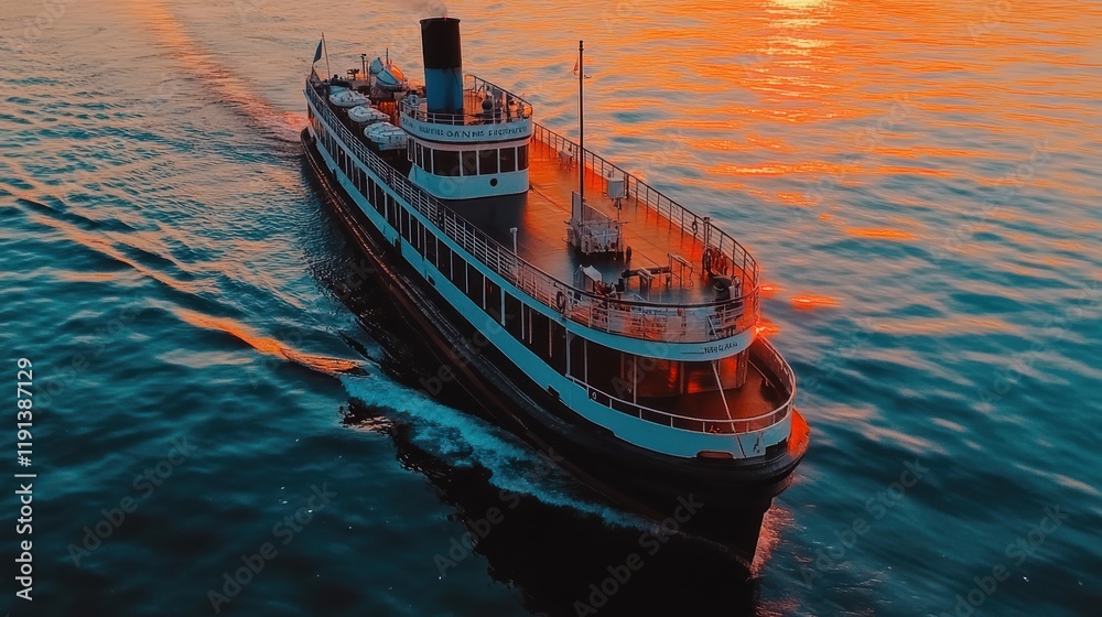 Obraz premium Sunset cruise ship, ocean voyage, golden hour, calm waters, travel