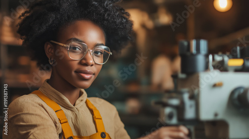 A confident young woman working with machinery in a workshop, showcasing expertise and focus in her craft photo