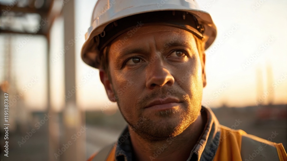 A medium closeup focusing on the workers face illuminated by early morning light as they take a moment to mentally prepare before ascending to the work site. A medium closeup focusing on the workers face illuminated by early morning light as they take a moment to mentally prepare before ascending to the work site.