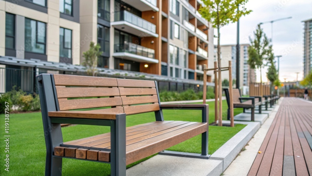 A medium closeup focusing on urban park benches made of recycled materials outside a newly constructed residential complex illustrating the blend of community spaces and modern A medium closeup focusing on urban park benches made of recycled materials outside a newly constructed residential complex illustrating the blend of community spaces and modern