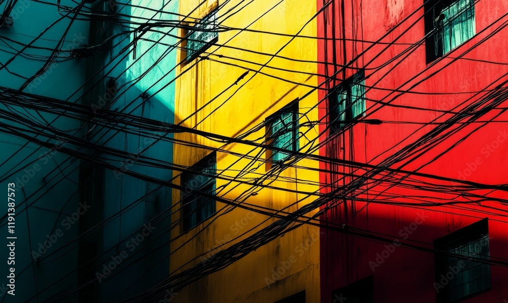 Fototapeta premium Colorful building facade, tangled wires, urban scene.
