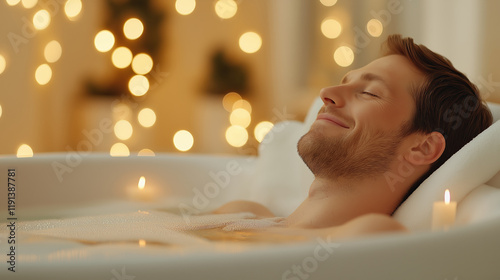 A relaxed man enjoying a warm bubble bath surrounded by candlelight and a tranquil ambiance photo