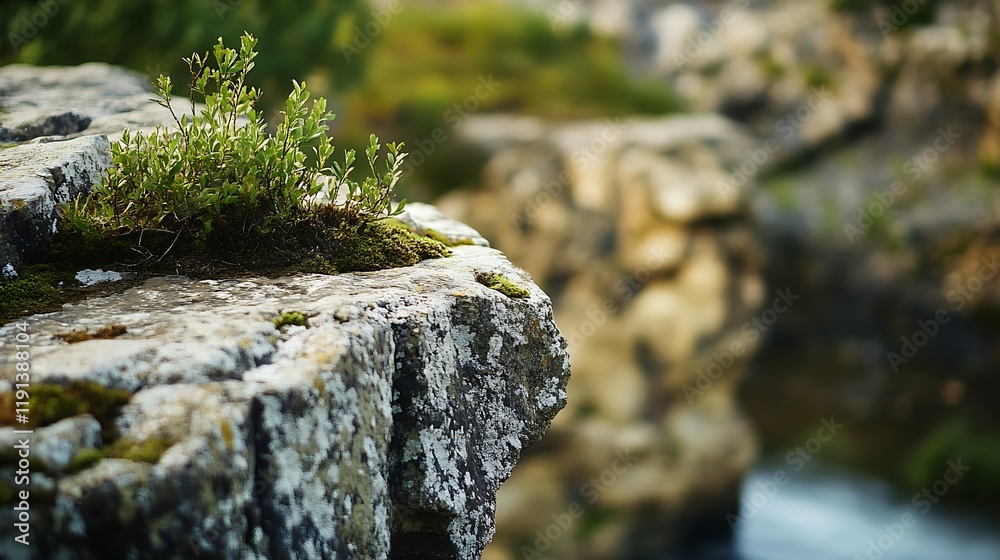 Lone Green Plant Growing on Rugged Rocky Outcrop with Fresh Moss by River : Generative AI Lone Green Plant Growing on Rugged Rocky Outcrop with Fresh Moss by River : Generative AI