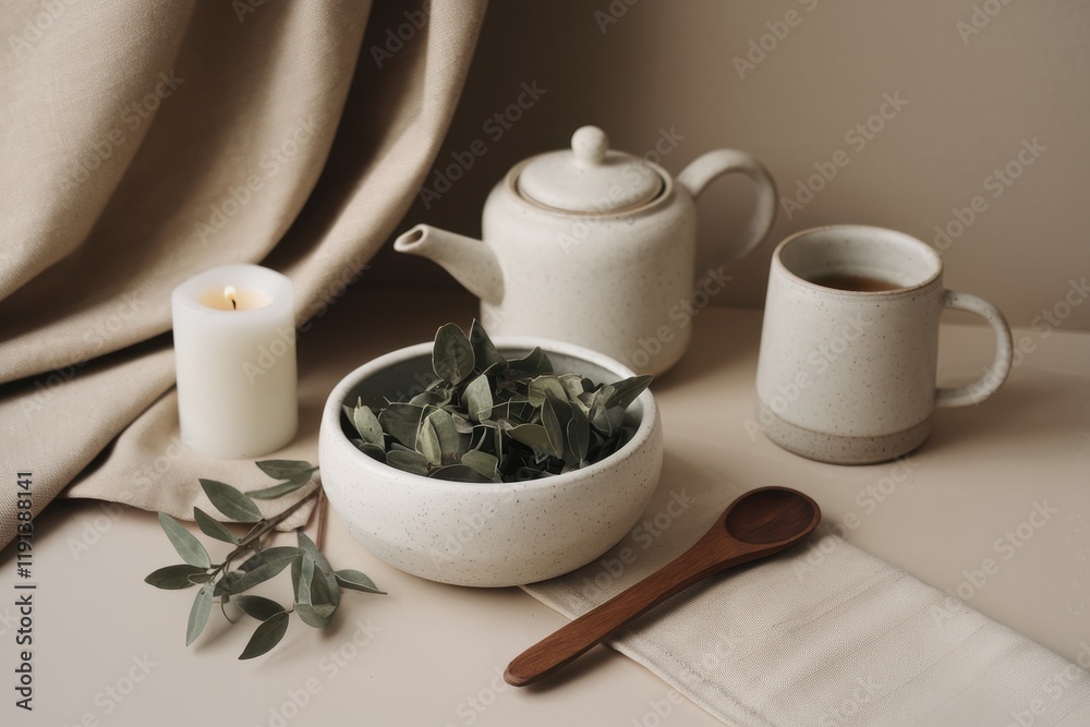 Serene Still Life with Tea Herbs and Candle Serene Still Life with Tea Herbs and Candle