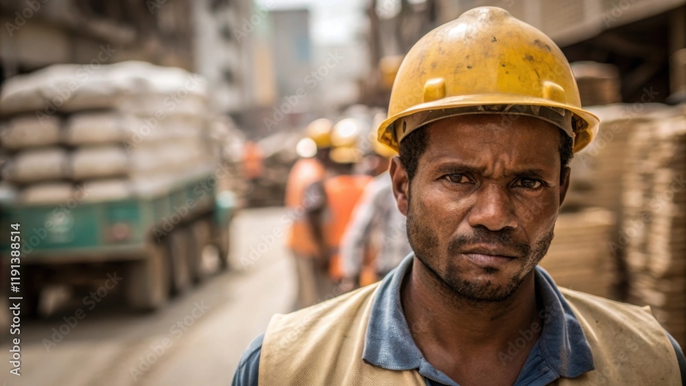 A medium closeup of a construction workers face showing focused determination as a flurry of activity unfolds in the background where materials are being transported representing