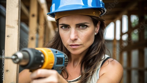 A medium closeup of a female construction worker using a power drill her face showing concentration and effort embodying empowerment and skill in a traditionally maledominated photo