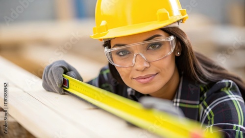 A medium closeup of a female construction worker donning a hard hat and safety goggles confidently measuring a piece of lumber symbolizing breaking gender barriers in a photo