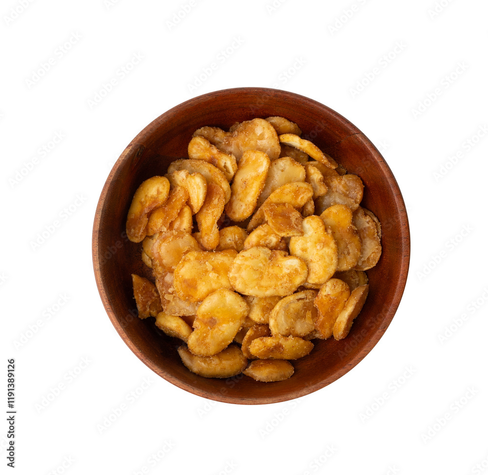 Roasted broad beans snack isolated, fried vicia faba, spicy legume, crispy big beans chips for salads Roasted broad beans snack isolated, fried vicia faba, spicy legume, crispy big beans chips for salads
