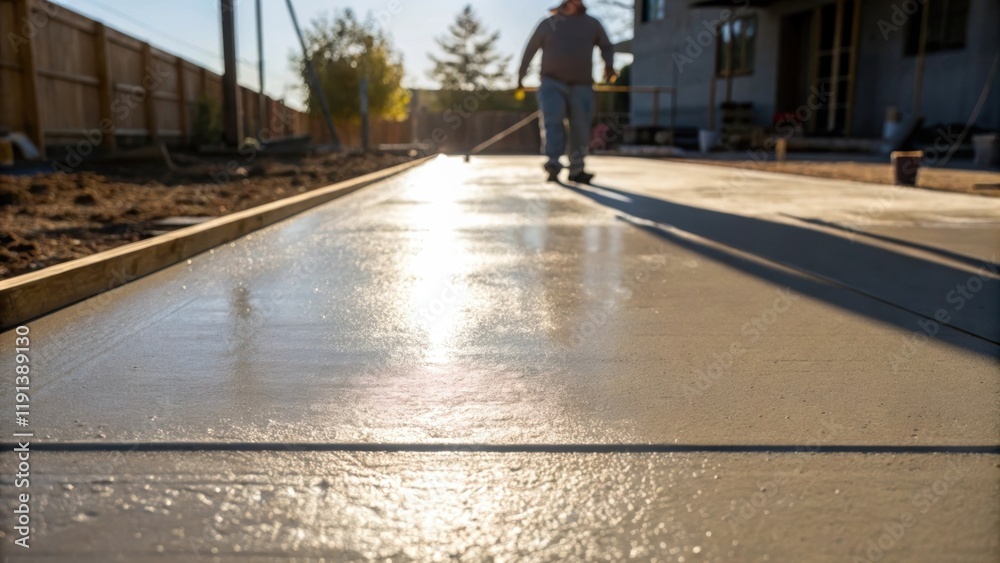 A medium closeup of a freshly finished concrete surface reflecting the sunlight with a workers shadow in the background symbolizing the blend of craftsmanship and careful curing A medium closeup of a freshly finished concrete surface reflecting the sunlight with a workers shadow in the background symbolizing the blend of craftsmanship and careful curing