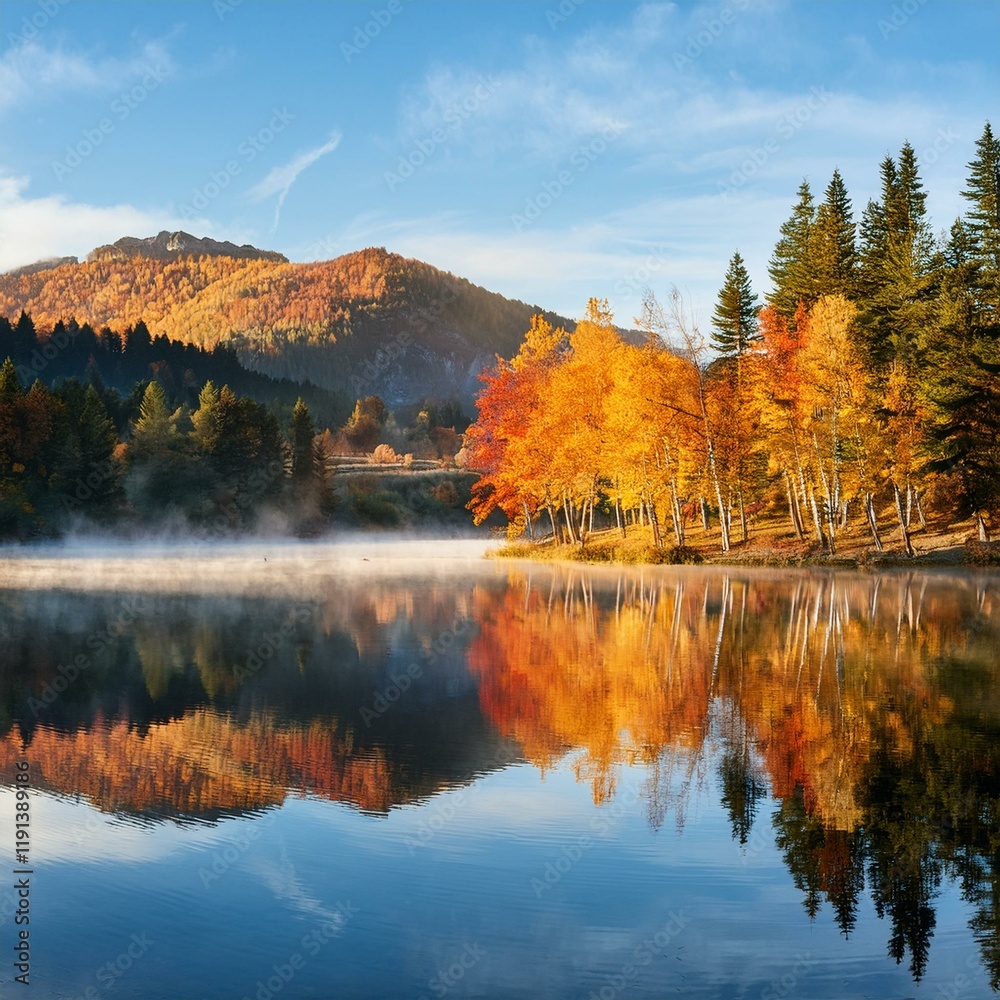 Obraz premium Generated image A scenic landscape of a serene mountain lake at sunrise, with mist rising from the water 