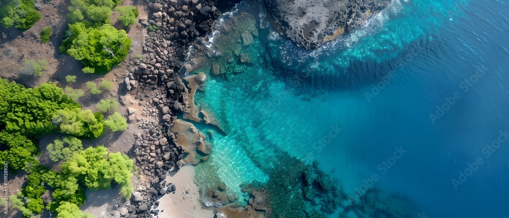 Obraz premium Aerial View of Serene Tropical Beach with Crystal Clear Water and Rocks