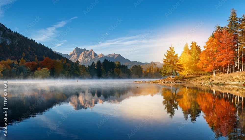 Generated image A scenic landscape of a serene mountain lake at sunrise, with mist rising from the water Generated image A scenic landscape of a serene mountain lake at sunrise, with mist rising from the water