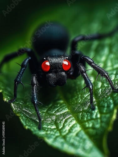 Close-up of black widow spider on green leaf in detailed macro photography. photo