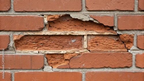 A medium closeup of a masonry wall focusing on a section where a brick has been intentionally chipped to expose its inner core contrasting the raw material with the outer facade.