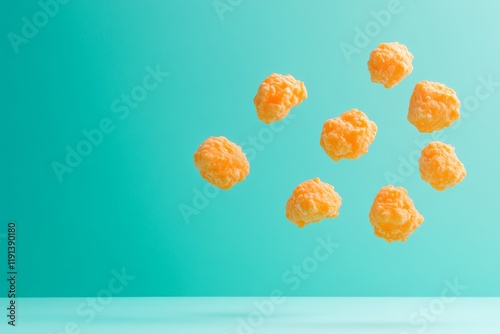 National Cheese Doodle Day Celebration Playful Cheese Puffs Mid-Air on Teal Background – Perfect for Snack Festivities and New Years Eve Party photo