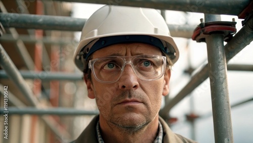 A medium closeup of an inspectors face showing intense concentration as they examine connections and joints in the scaffolding wearing a hard hat and safety glasses. photo