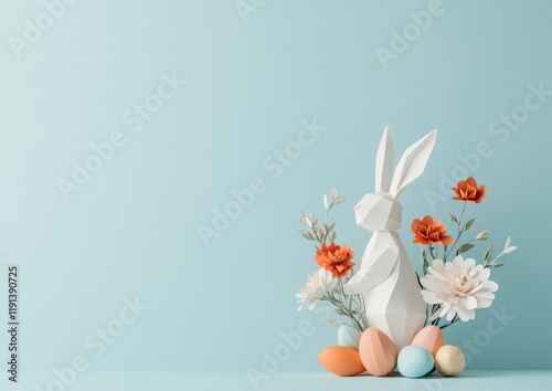 Vibrant Easter Paper Craft with Bunny, Flowers, and Eggs Against White Backdrop - Suitable for Easter, Spring, and Mothers Day Celebrations photo